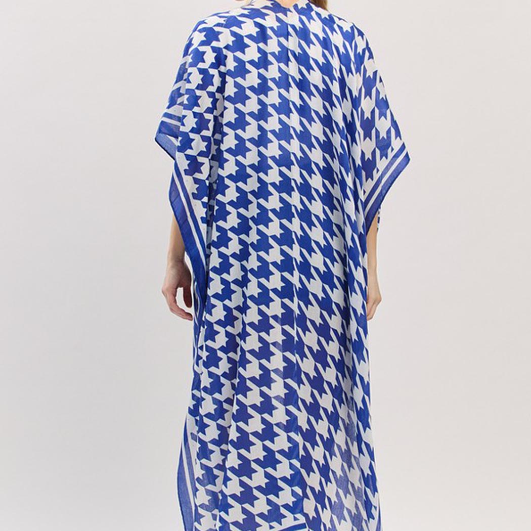 Houndstooth Print Open Front Long Kimono