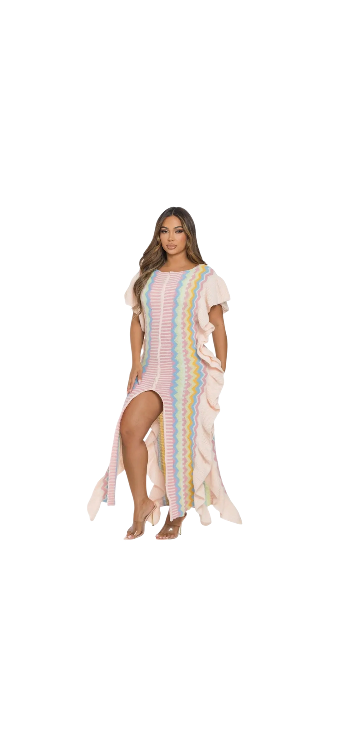 Knitted Ruffle Split Detail Sweater Maxi Dress
