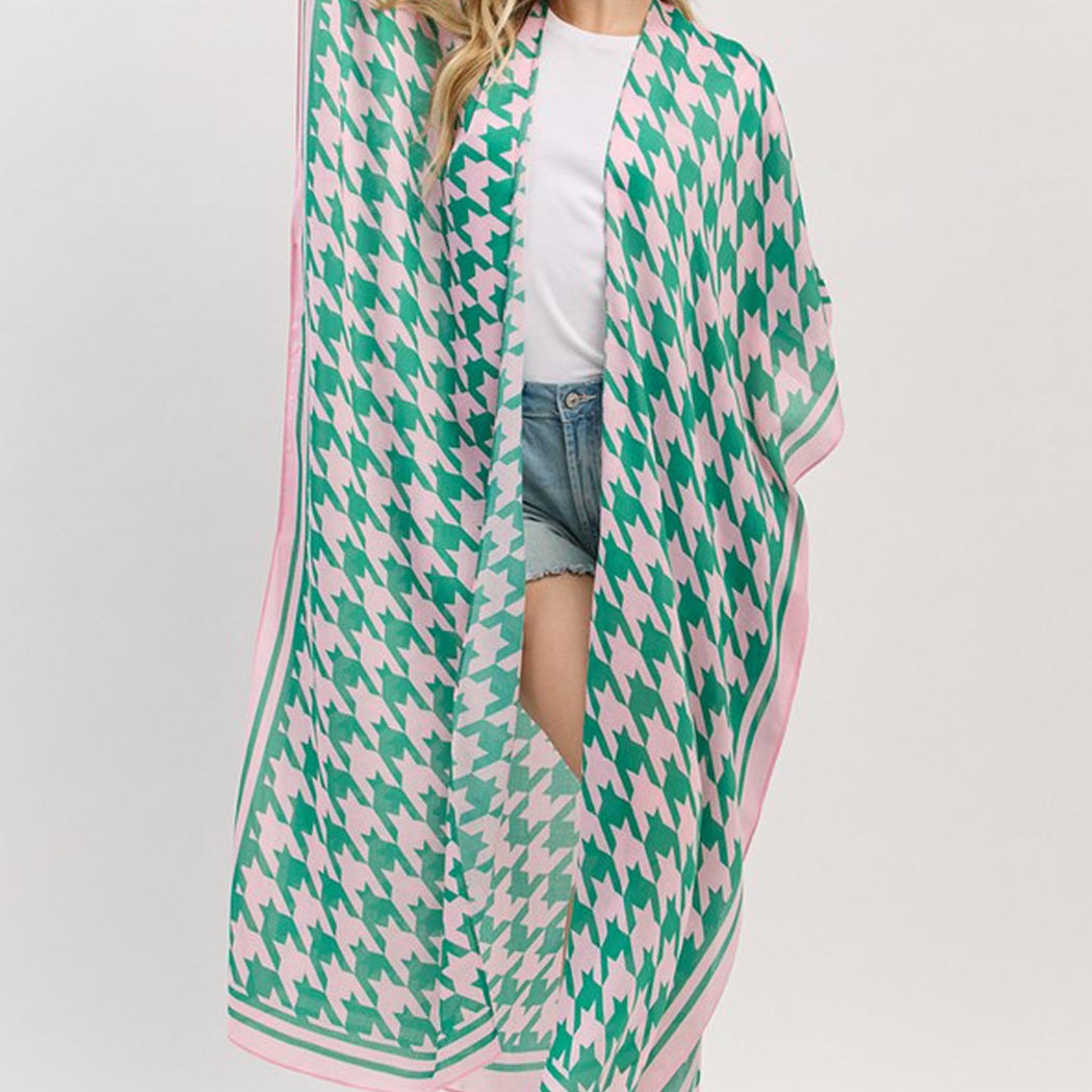 Houndstooth Print Open Front Long Kimono