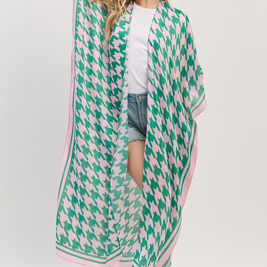 Houndstooth Print Open Front Long Kimono