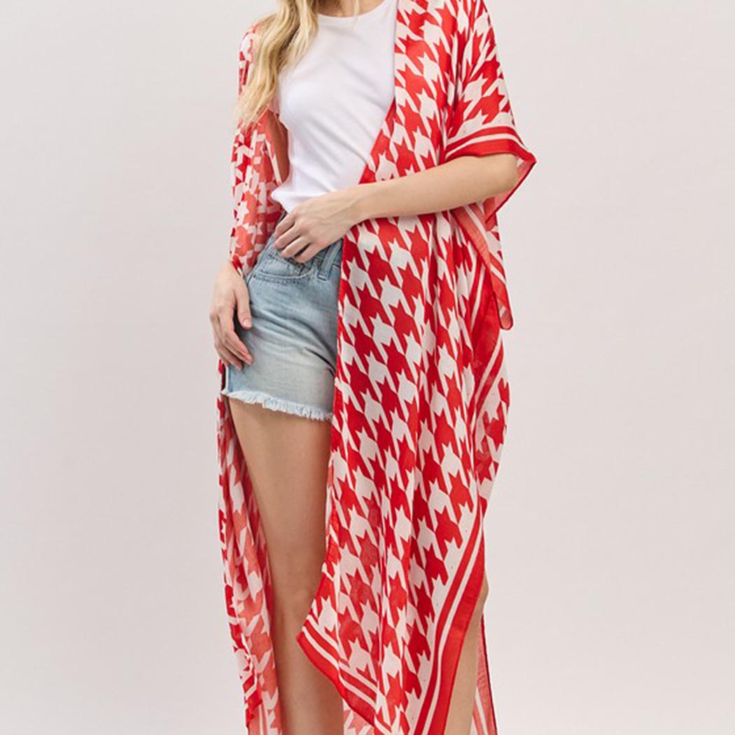 Houndstooth Print Open Front Long Kimono
